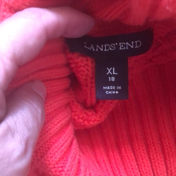 Lands End Cable Knit Turtle Neck Blood Orange Sweater Sz XL - Picture 10 of 12